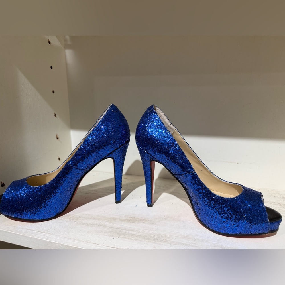 Christian Louboutin Royal Blue Glitter Peep-Toe Pumps